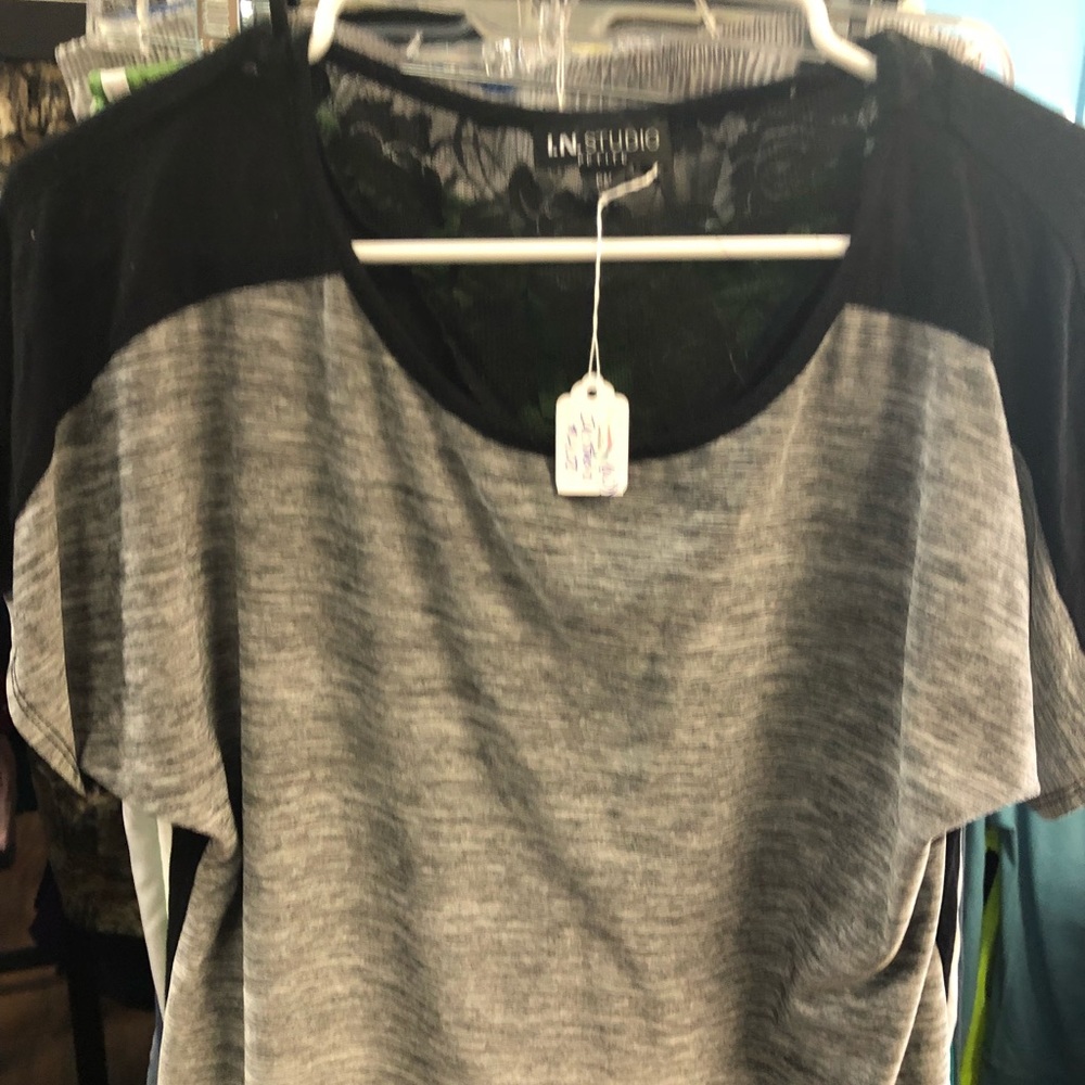 In Studio grey top with lace shoulders